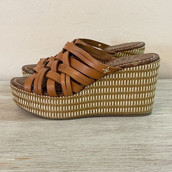 Sam Edelman Sandals Devon 6.5 Tan Leather Woven Platform Wedge Slides - Picture 6 of 12